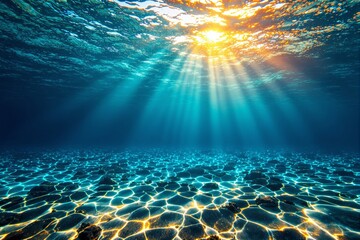 Aufkleber - Sunlight beams penetrating clear ocean water, illuminating the seabed.