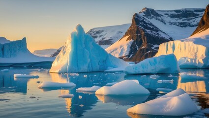 Poster - Icebergs floating in calm waters during sunset with mountains in the background and reflected light creating a serene atmosphere