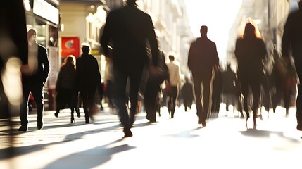 Poster - Blurred silhouettes of anonymous commuters rushing along a crowded urban street during a busy time of day depicting the fast pace and dynamic energy of modern city life