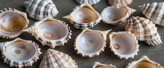 Poster - assorted seashells arranged on a flat surface showcasing various shapes and colors with natural patt
