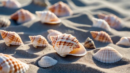 Poster - collection of various seashells scattered on sandy beach surface under natural sunlight.