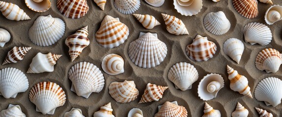 Poster - variety of seashells arranged on sandy background, showcasing different shapes and patterns in natur