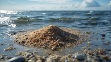 Poster - sand mound at the edge of a calm ocean with pebbles and waves under a clear blue sky showcasing natu