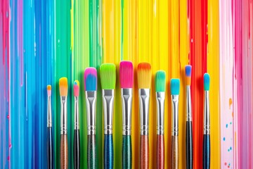 Poster - Multicolored paintbrushes against vibrant dripping paint background.