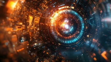 Poster - Breathtaking futuristic sci fi digital showcasing a luminous fractal like tunnel portal with a powerful cosmic energy explosion  This surreal
