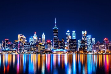 Poster - Futuristic city skyline illuminated at night with colorful reflections on water.