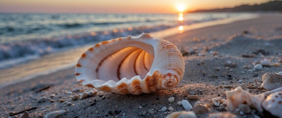 Poster - close-up of a beautiful seashell on sandy beach during sunset with ocean waves in the background and