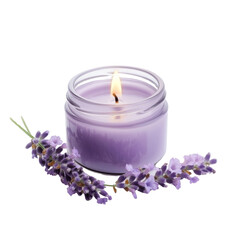 Poster - lavender scented candle in glass jar with lit flame, surrounded by fresh lavender flowers, creating calming and aromatic atmosphere