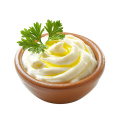 Poster - Creamy mayonnaise topped with olive oil and fresh parsley in bowl