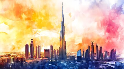 Poster - Breathtaking panoramic view of the futuristic and iconic Dubai cityscape with tall modern skyscrapers and towers reaching towards the vibrant colorful sunset sky