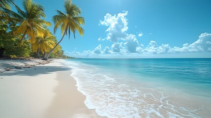 Poster - Breathtaking scene of a tropical beach with soft white sand swaying palm trees and crystal clear turquoise ocean waters under a bright blue sky with fluffy white clouds