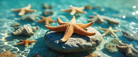Poster - starfish on a rock in shallow water surrounded by additional starfish and shells with sunlight refle
