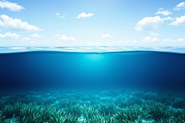 Aufkleber - Underwater scene with sea grass and sunny blue sky above the waterline.