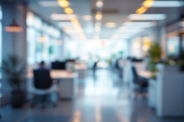 Poster - Blurry modern office space with natural light and illuminated ceiling, featuring desks and plants in background.