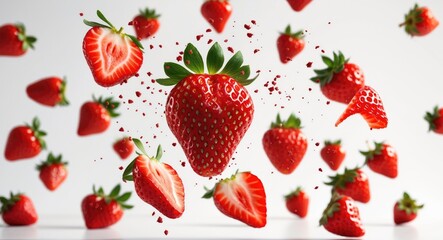 Wall Mural - Fresh strawberries flying in the air with some cut in half against a bright background showcasing vibrant red color and splatter effects.