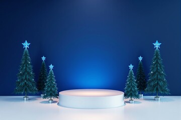 Poster - Christmas-themed blue podium with glowing trees and star decorations.
