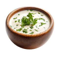 Poster - Creamy sauce in wooden bowl garnished with fresh herbs, perfect for enhancing dishes. This rich and flavorful condiment adds delightful touch to meals
