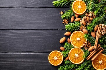 Poster - Christmas composition with orange slices, almonds, cinnamon sticks on black wooden table with green fir branches.