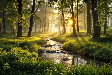 Poster - Sunlit forest with a serene stream surrounded by lush greenery and tall trees under warm golden light.