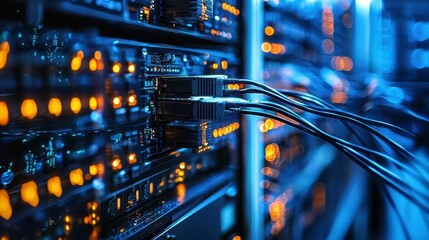 Poster - Data Center with Network Cables and Illuminated Server Equipment