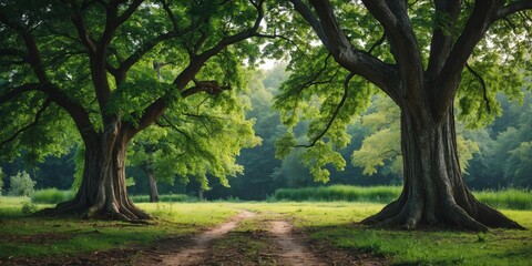 Wall Mural - Pathway between large green trees in a lush forest during daytime with soft sunlight filtering through leaves