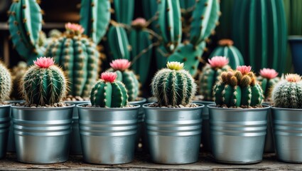 Poster - assorted cacti in metallic pots with vibrant flowers arranged in a row against a blurred background 
