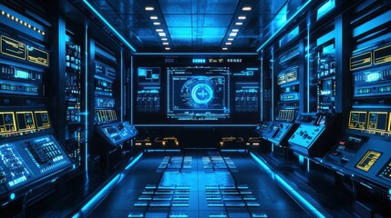 Poster - Futuristic Control Room with Blue LED Lights and High-Tech Displays