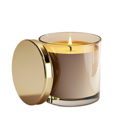 Poster - Elegant candle in glass container with gold lid, glowing softly. Perfect for creating warm ambiance in any space