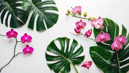 Poster - Colorful orchids and tropical leaves arranged on a white background for floral and botanical designs.