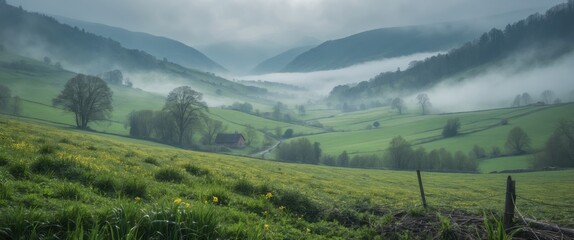 Poster - Foggy landscape with rolling green hills trees and a farmhouse in the valley under overcast skies during dawn or dusk