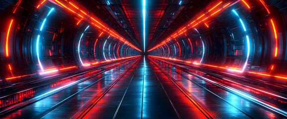 Poster - Abstract Futuristic Tunnel with Symmetrical Neon Lights and Geometric Structure in Red and Blue