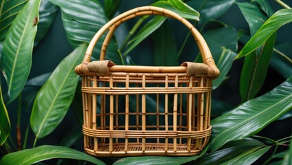 Canvas Print - Rattan basket hanging among vibrant green tropical leaves on a dark background