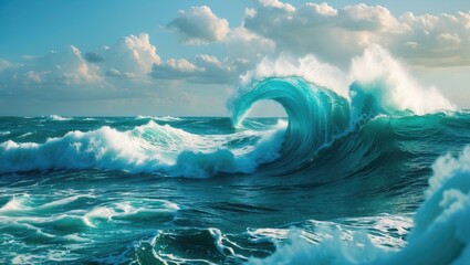 Poster - dynamic ocean wave with turquoise water cresting and crashing against the sea surface under a cloudy