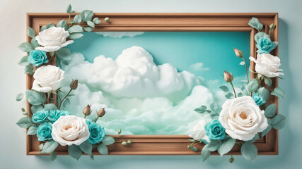 Wall Mural - elegant decorative frame surrounded by clouds and white roses