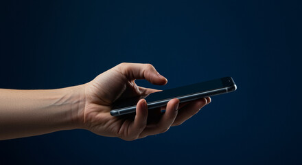 Poster - Smartphone in Hand on Dark Background. Hand holding smartphone displaying mobile app. Person using smartphone with empty screen