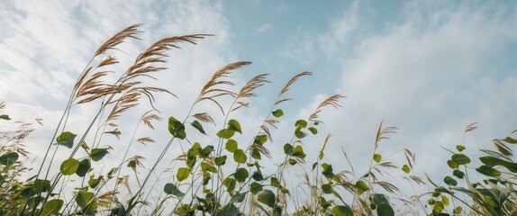 Poster - Tall grass and green leaves against a cloudy sky in a natural landscape setting during daylight hours