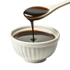 Poster - Rich soy sauce drizzles from spoon into small white bowl, showcasing its dark, glossy texture. Perfect for enhancing flavors in various dishes