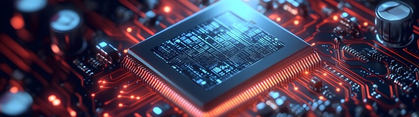 Poster - Close up detailed view of an intricate computer microchip circuit board with intricate patterns and metallic components in vibrant red blue and dark tones