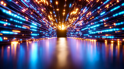 Fototapete - Abstract Digital Tunnel With Blue And Orange Light Streaks