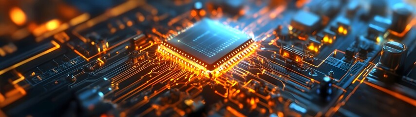 Fototapete - Close up detailed view of an intricate electronic circuit board showcasing an advanced microchip processor complex integrated circuits