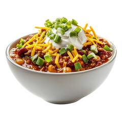 Canvas Print - Delicious chili topped with cheese, sour cream, and green onions in bowl