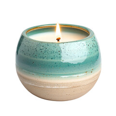 Poster - beautifully crafted candle in ceramic holder, featuring soothing gradient of teal and beige colors. warm glow of flame creates calming atmosphere, perfect for relaxation