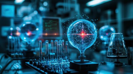 Poster - Futuristic Laboratory Scene with Scientific Glassware and Energy Sphere