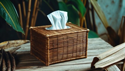 Canvas Print - Woven wicker tissue box placed on rustic wooden table surrounded by green leaves and natural decor elements