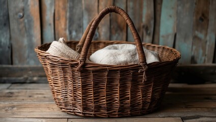 Canvas Print - Woven wicker basket with fabric textiles on rustic wooden background interior decor close up still life photography style