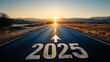 © EliteStockPhotos - Road to 2025, golden sunset, mountains. Vision for the future, new year goals, planning, success ahead. Ideal copy space for text overlay. Use for banners, ads, presentations.