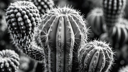 Poster - close-up of various cactus species with spines in monochrome black and white photography showcasing 