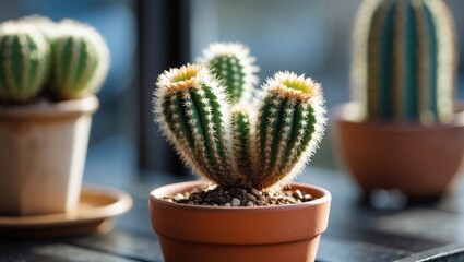 Wall Mural - Cactus plants in terracotta pots placed on a wooden table with natural sunlight background creating a warm atmosphere