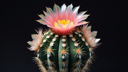 Poster - Cactus flower with vibrant pink and yellow blooms against a dark background close-up botanical photography