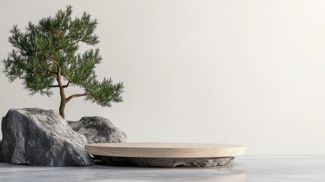 20.A minimalist 3D rendering of a circular wooden podium surrounded by a small pine tree and a smooth natural stone, set against a pristine white background.